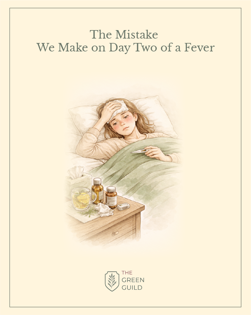 women lying in bed with fever and treating herself with herbs