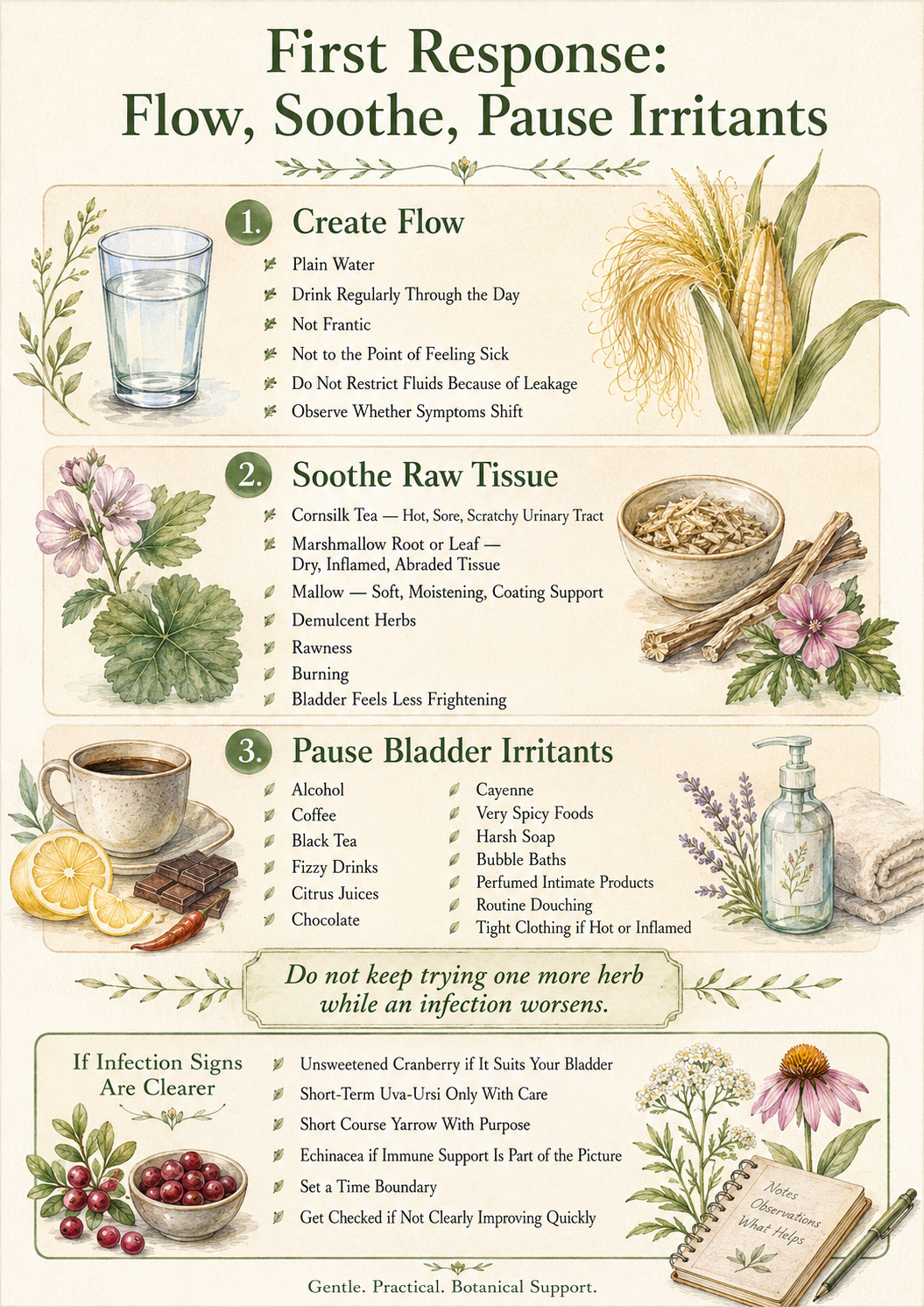An illustrated diagram titled First Response: Flow, Soothe, Pause Irritants. Three panels: 1. Create Flow with plain water, drink regularly through the day, not frantic, not to the point of feeling sick, do not restrict fluids because of leakage, observe whether symptoms shift. 2. Soothe Raw Tissue listing cornsilk tea for hot sore scratchy urinary tract, marshmallow root or leaf for dry inflamed abraded tissue, mallow for soft moistening coating support, demulcent herbs, rawness, burning, bladder feels less frightening. 3. Pause Bladder Irritants listing alcohol, coffee, black tea, fizzy drinks, citrus juices, chocolate, cayenne, very spicy foods, harsh soap, bubble baths, perfumed intimate products, routine douching, tight clothing if hot or inflamed. A central note reads: Do not keep trying one more herb while an infection worsens. A lower panel titled If Infection Signs Are Clearer lists unsweetened cranberry if it suits your bladder, short-term uva-ursi only with care, short course yarrow with purpose, echinacea if immune support is part of the picture, set a time boundary, get checked if not clearly improving quickly. A footer reads: Gentle. Practical. Botanical Support.