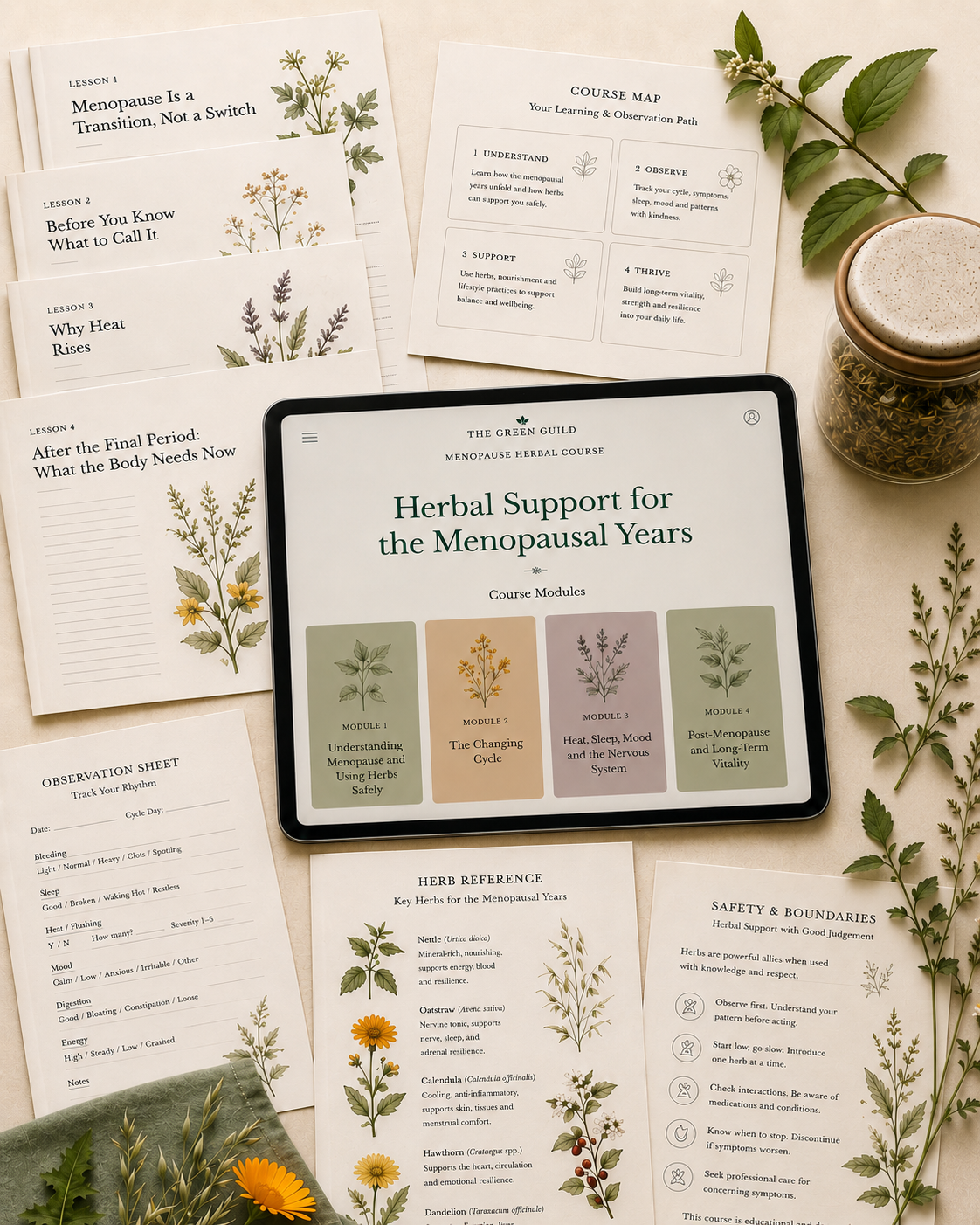 The Green Guild Menopause Herbal Course — lessons, worksheets, herb reference cards and preparation guides
