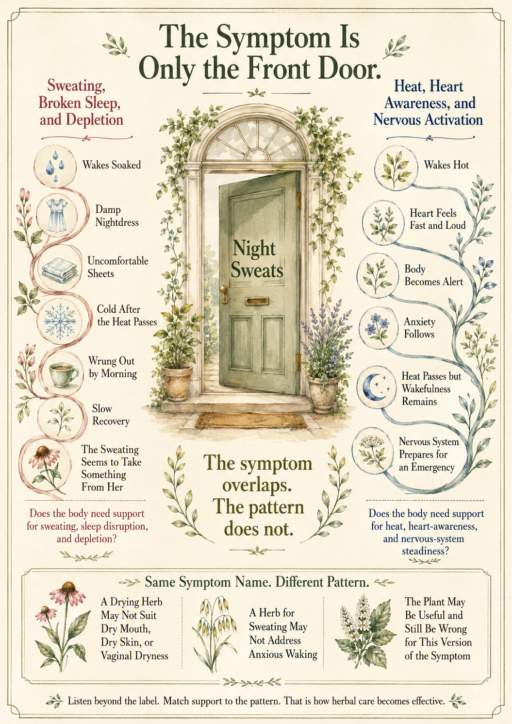 An illustrated diagram titled The Symptom Is Only the Front Door, using the example of night sweats. A central front-door image is flanked by two different patterns for the same symptom. On the left, Sweating, Broken Sleep, and Depletion: wakes soaked, damp nightdress, uncomfortable sheets, cold after the heat passes, wrung out by morning, slow recovery, the sweating seems to take something from her. The question asks: does the body need support for sweating, sleep disruption, and depletion? On the right, Heat, Heart Awareness, and Nervous Activation: wakes hot, heart feels fast and loud, body becomes alert, anxiety follows, heat passes but wakefulness remains, nervous system prepares for an emergency. The question asks: does the body need support for heat, heart-awareness, and nervous-system steadiness? A lower note reads: Same Symptom Name. Different Pattern. A drying herb may not suit dry mouth, dry skin, or vaginal dryness. A herb for sweating may not address anxious waking. The plant may be useful and still be wrong for this version of the symptom. A footer reads: Listen beyond the label. Match support to the pattern. That is how herbal care becomes effective.