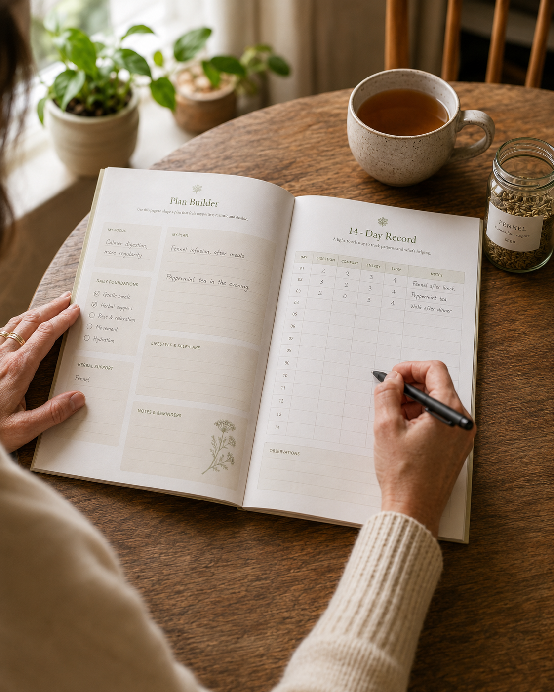 The 14-Day IBS Support Plan workbook open on a table, with Plan Builder and Daily Record pages filled in alongside a cup of herbal tea and fennel seeds