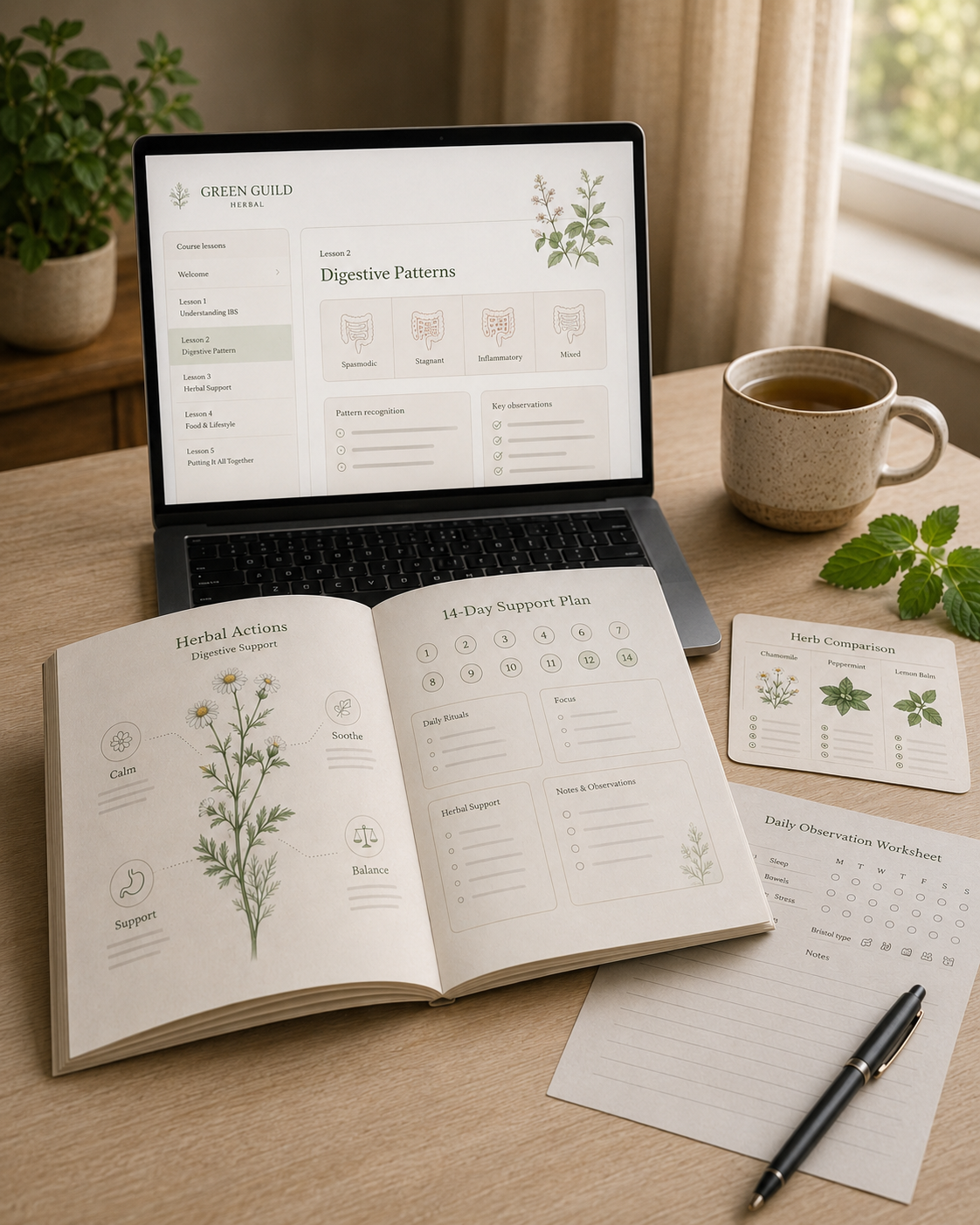 The IBS Mini-Course on screen with printed workbook, herb comparison cards, and observation worksheets